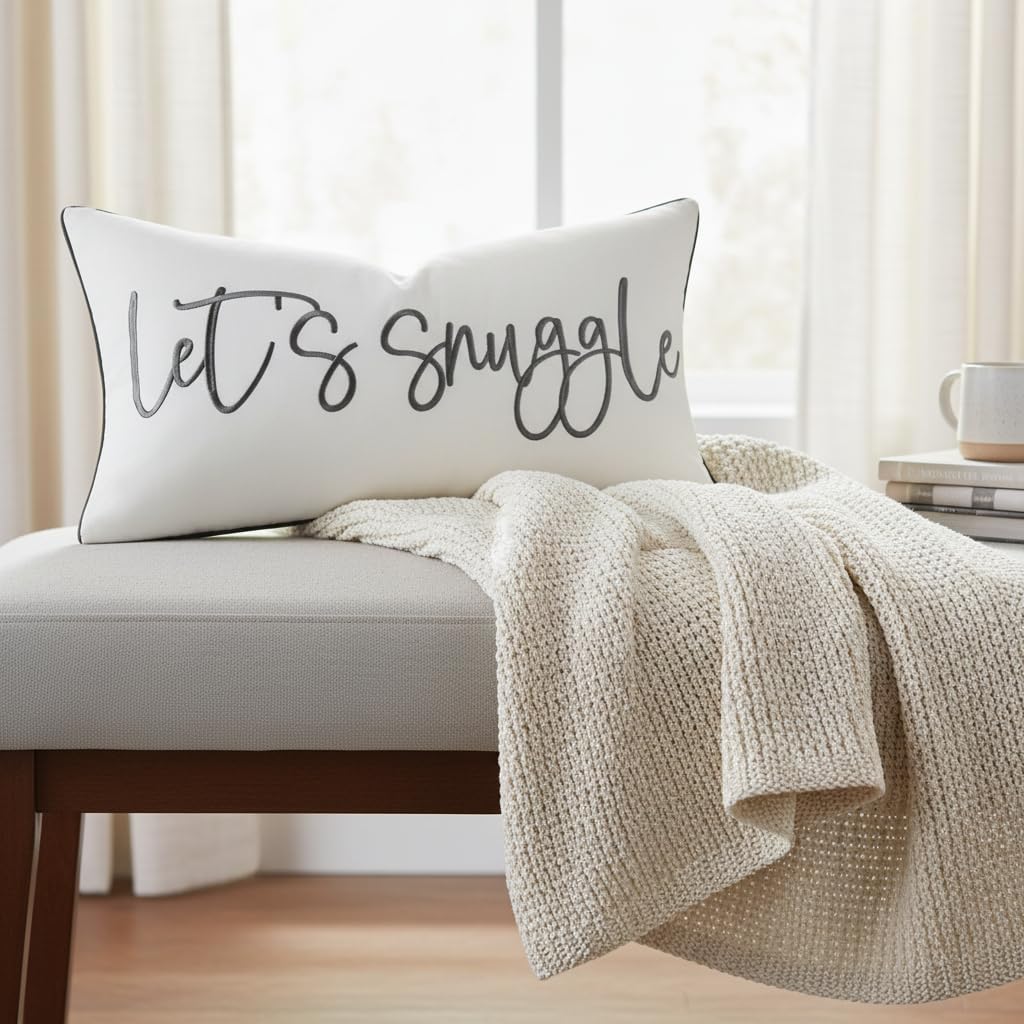 Let's Snuggle Decorative Lumbar Pillow Cover - 12x20 Inch White and Grey Cotton Embroidery Throw Pillowcase