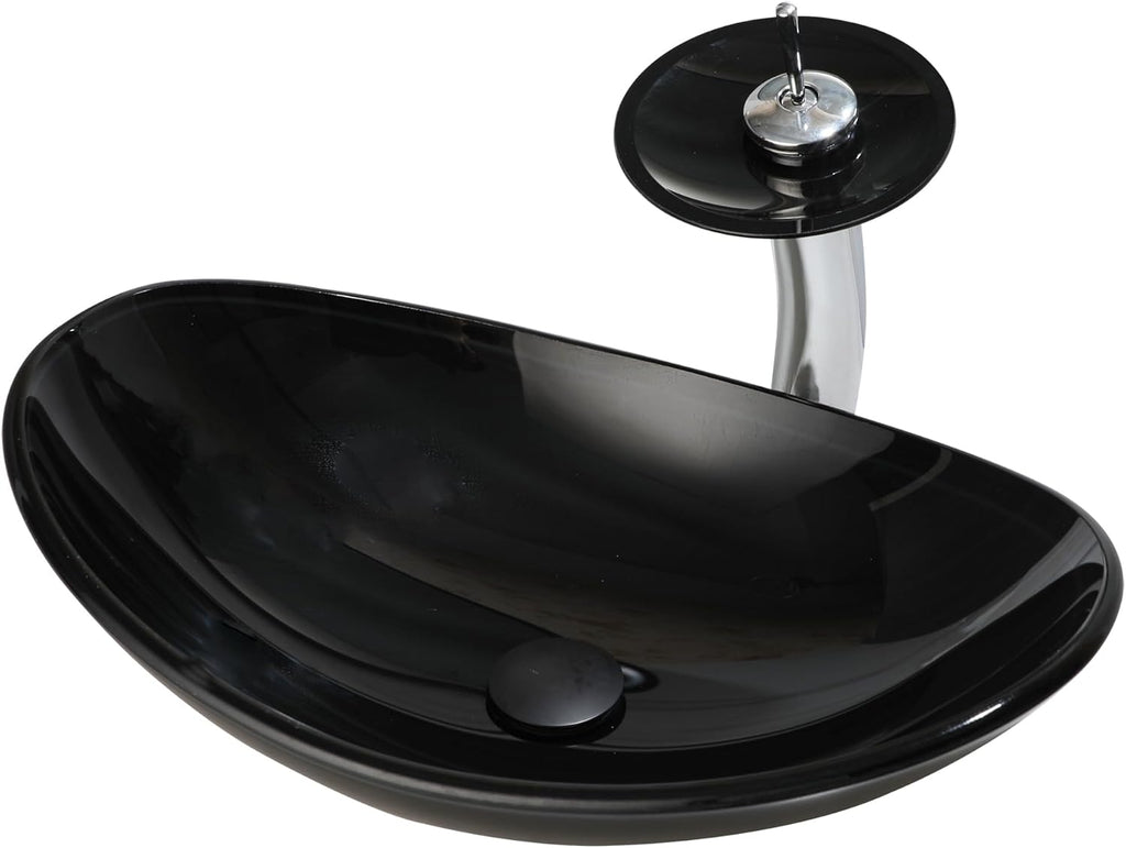 Black Oval Bathroom Vessel Sink Tempered Glass Washing Bowl Combo Above Counter Chrome Waterfall Faucet Pop Up Drain Set