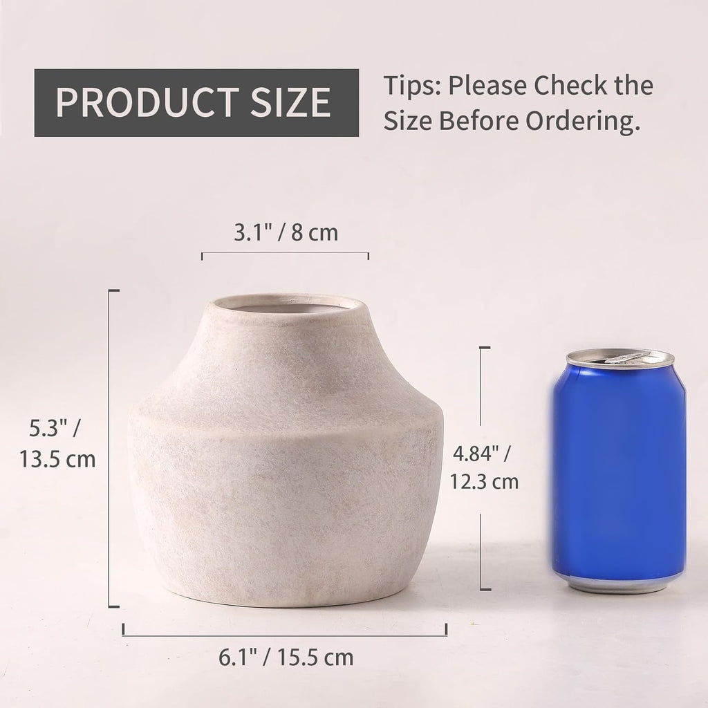 Ceramic Flower Vase, 5.3 inch Off-White Farmhouse Rustic Vase, Handcrafted Weathered Pottery Vases, Small Flower