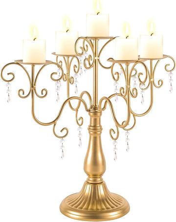 15.3in Gold Candelabra Centerpieces for Tables, 5 Arm Crystal Candelabra for Pillar Candles, Metal Candelabra Candle