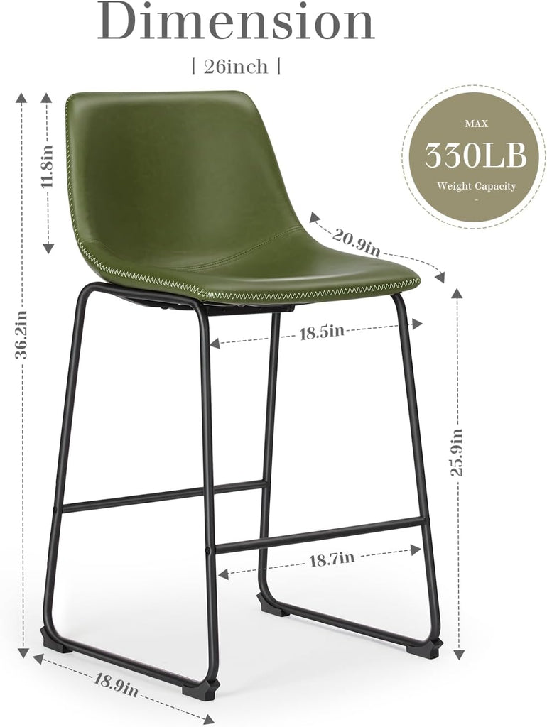 Bar Stools Set of 2, 26 Inch Counter Height Faux Leather Barstools with Back, Modern Metal Leg Bar Chairs