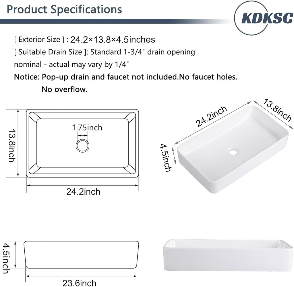 Bathroom Vessel Sink 24"x14" Rectangular White Porcelain Ceramic Bathroom Sink Modern Above Counter Art Basin