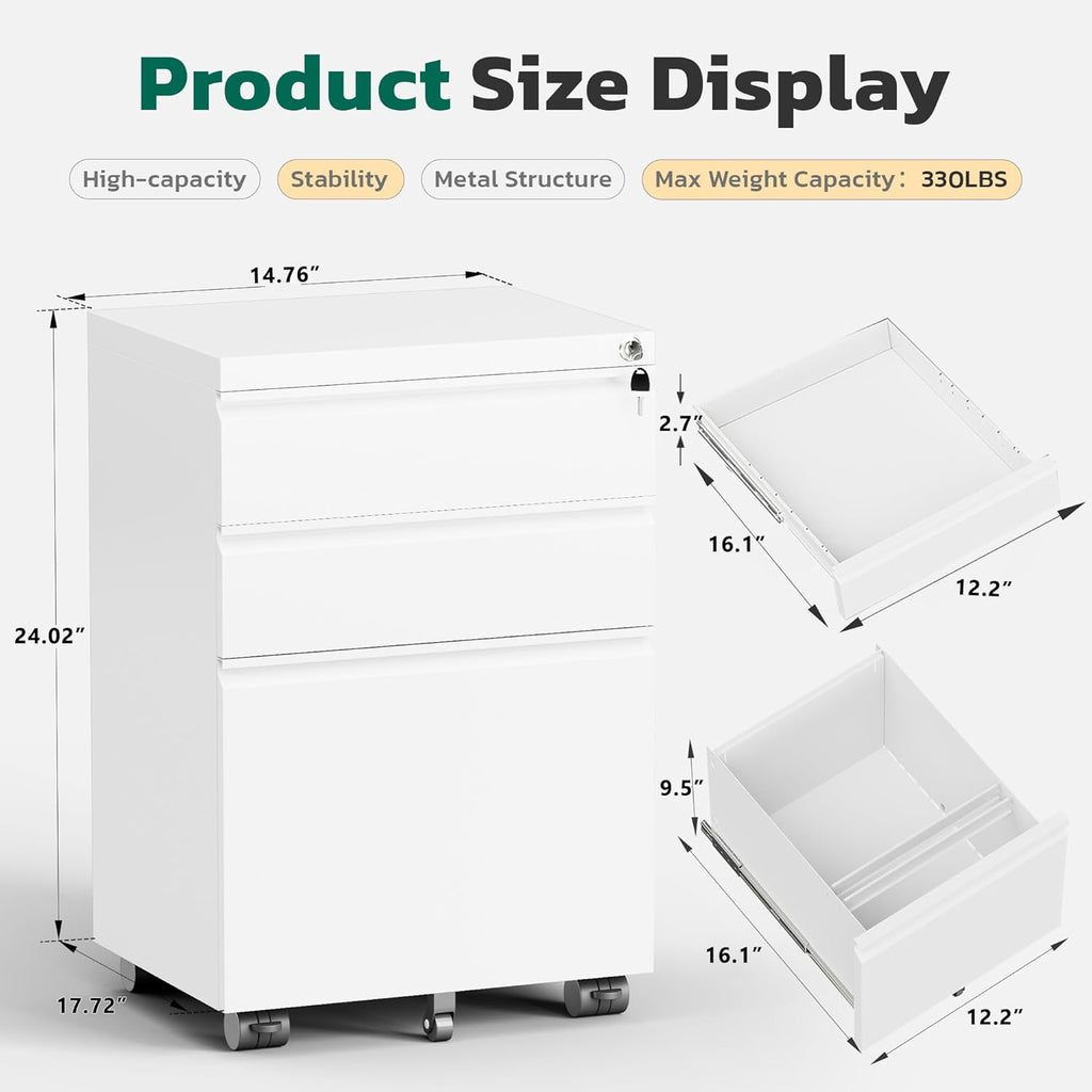 3 Drawer Mobile File Cabinet with Lock, Fully Assembled Rolling File Cabinet Except Casters, Under Desk File Cabinet