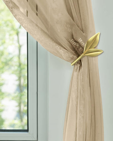 Gold Curtain Holdbacks 2 Pack, Metal Olive Leaf Curtain Tiebacks Wall Mounted, Curtain Holders for Wall, Curtain Pull