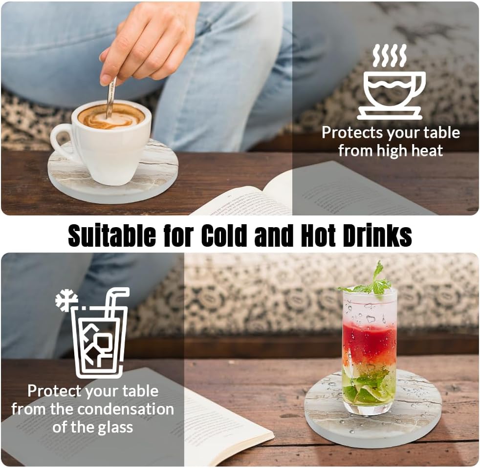 Ceramic Coasters, Marble-Textured Design with Holder - Absorbent Cork-Backed Coasters for Cups, Bar & Coffee - Set of 8