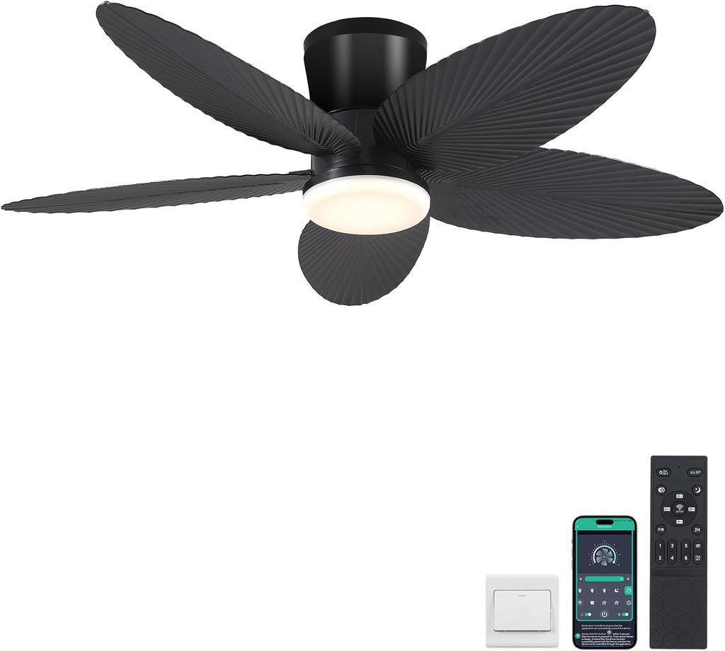 Palm Leaf Ceiling Fans with Lights-42 Tropical Ceiling Fan with Light and Remote/APP Control,Flush Mount Low Profile Black Ceiling Fans for Bedroom,Indoor/Outdoor Patio Use A101-B0DLVQVJKJ