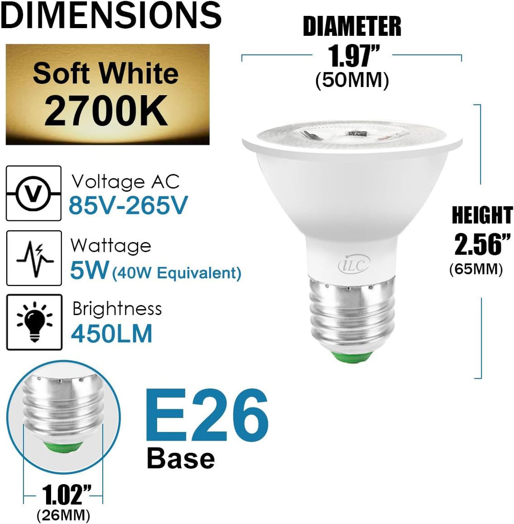 Par16 LED Light Bulbs 40 Watt Equivalent Color Changing E26 Screw Beam Angel 45°, 12 Colors Dimmable Warm White 2700K (Pack Of 8)