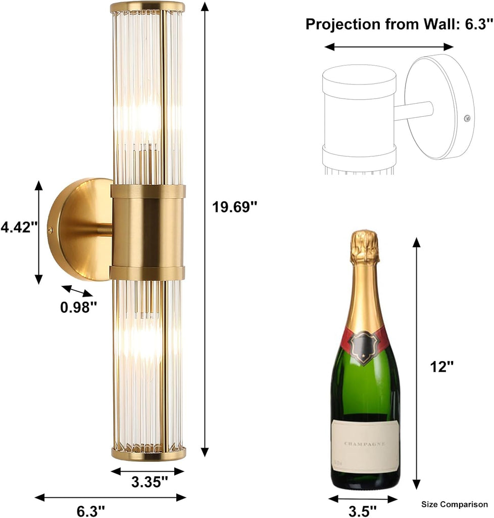 Brushed Brass Vanity Light Fixture, Dual Glass Rod Wall Sconce — Single Sconce, 2-Light E12 Candelabra Base