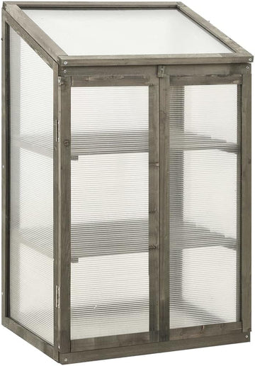 Wooden Greenhouse for Outdoor Gardening, Grey Firwood Cold Frame with Polycarbonate Panels and Adjustable Shelves
