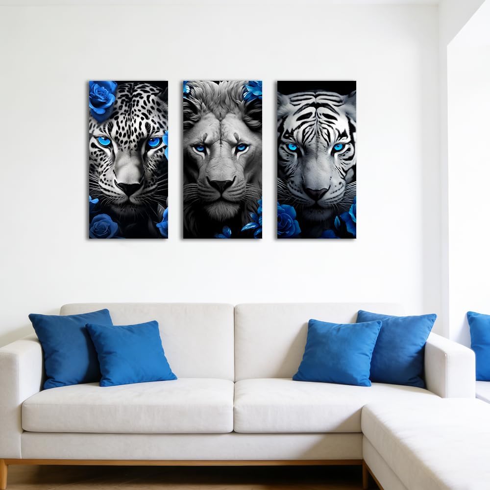 Lion Tiger Leopard Canvas Wall Art Set of 3 Black White Blue Decor Print Wildlife with Flowers Pictures Bedroom