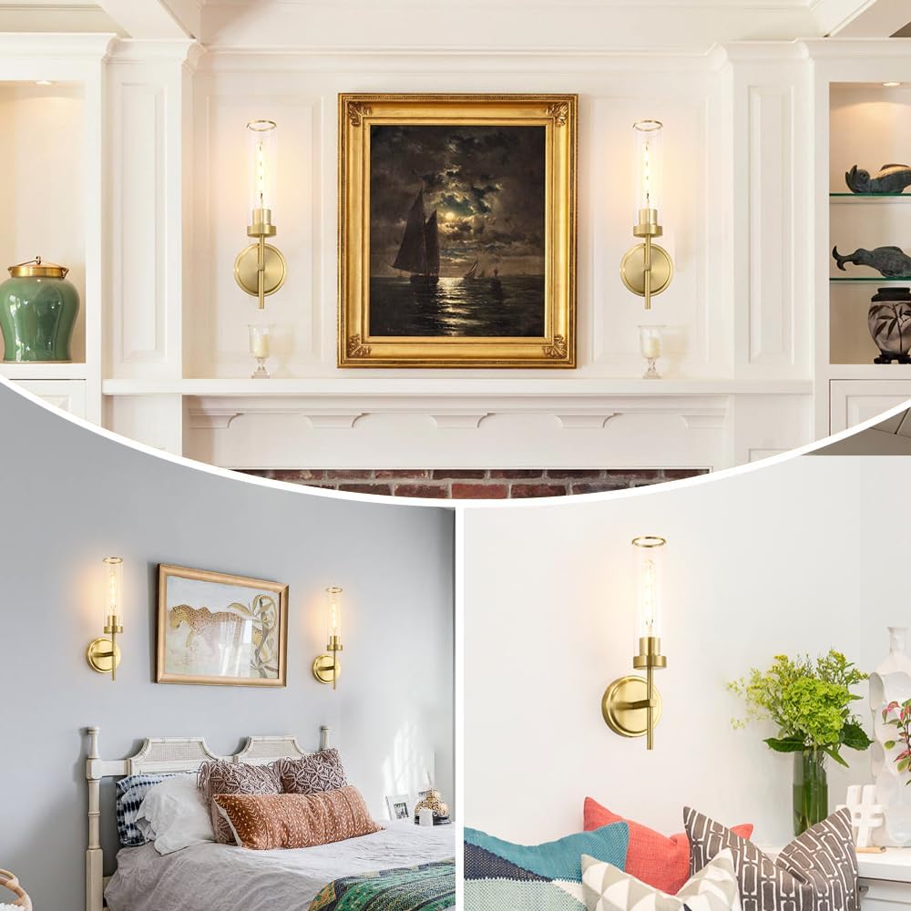 Gold Bathroom Wall Sconces Set of 2, Modern Wall Sconces Set of Two Hardwired, Bathroom Vanity Light Fixtures with Clear Glass, Gold Wall Mounted Lights for Living Room Corridor Mirror Bedroom Stairs