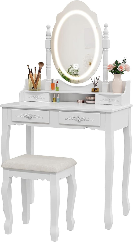 Vanity Desk with Mirror and Lights, Makeup Table with Cushioned Stool Set | Modern Vanity with 4 Drawers, 3 Color