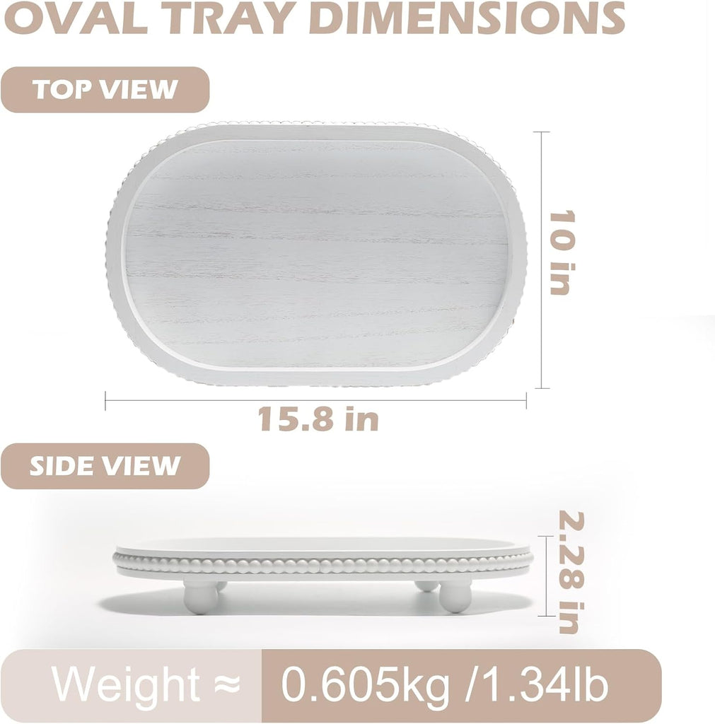 Wooden Decorative Tray Decor, Beaded White Oval Tray Decor for Coffee Table, Rustic Wood Serving Trays Farmhouse