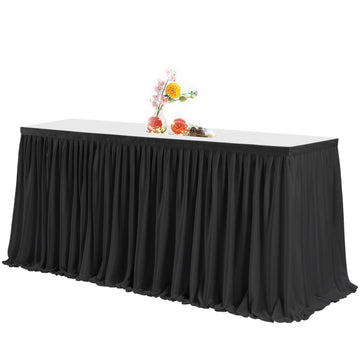 Black Polyester Rectangle Table Skirt, 6ft x 72in, Wrinkle Resistant, Pleated Ruffle, Perfect for Banquet, Wedding