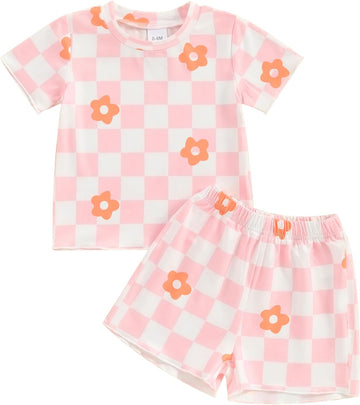 Toddler Girl Clothes Floral Plaid T-Shirt & Elastic Waistband Shorts Summer Outfits for Girls
