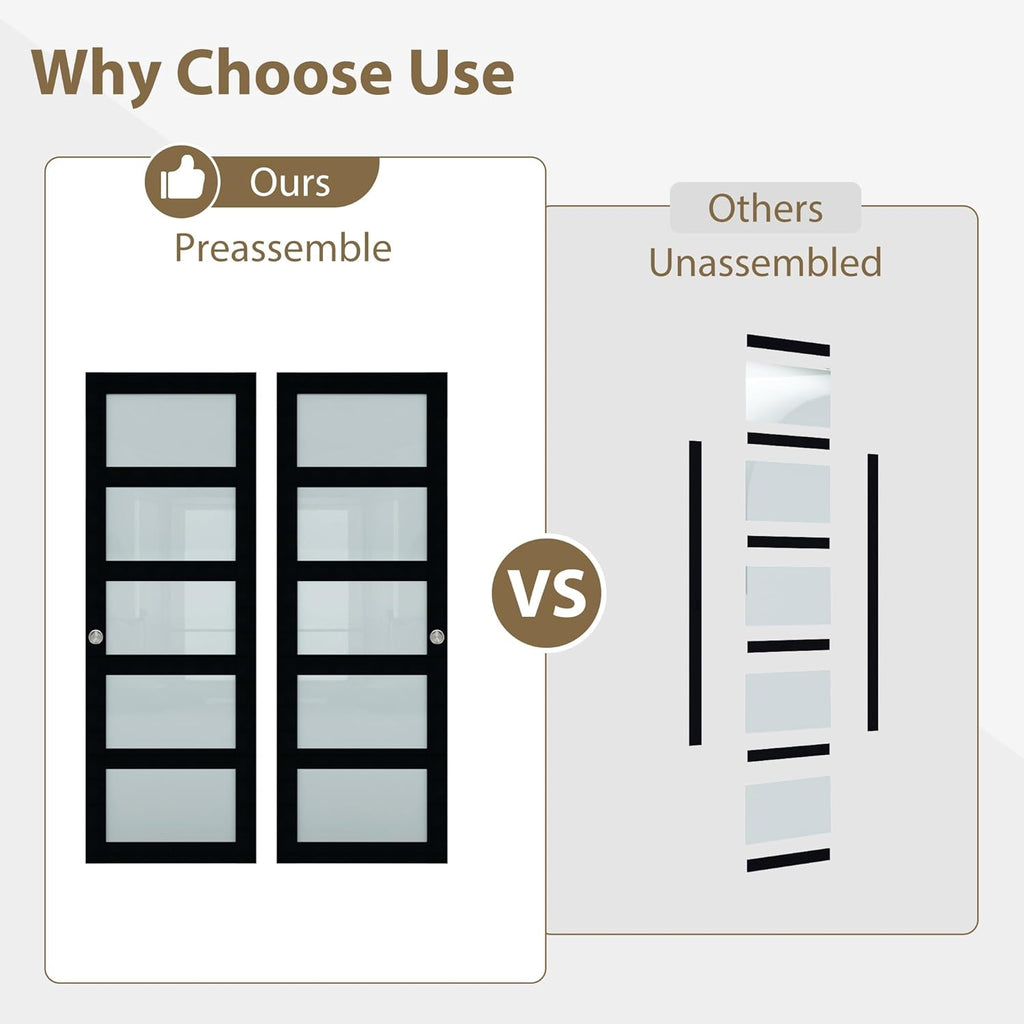 48x80 Sliding Closet Door, 5-Panels Preassembled Frosted Glass Door Panel with Hardware Kits & Match