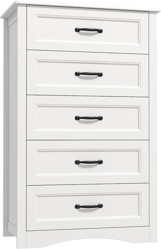 5 Drawer Dresser, White Wood Chest of Drawers , 43.3" Large Capacity Storage Cabinet with Anti-Tip Device, for