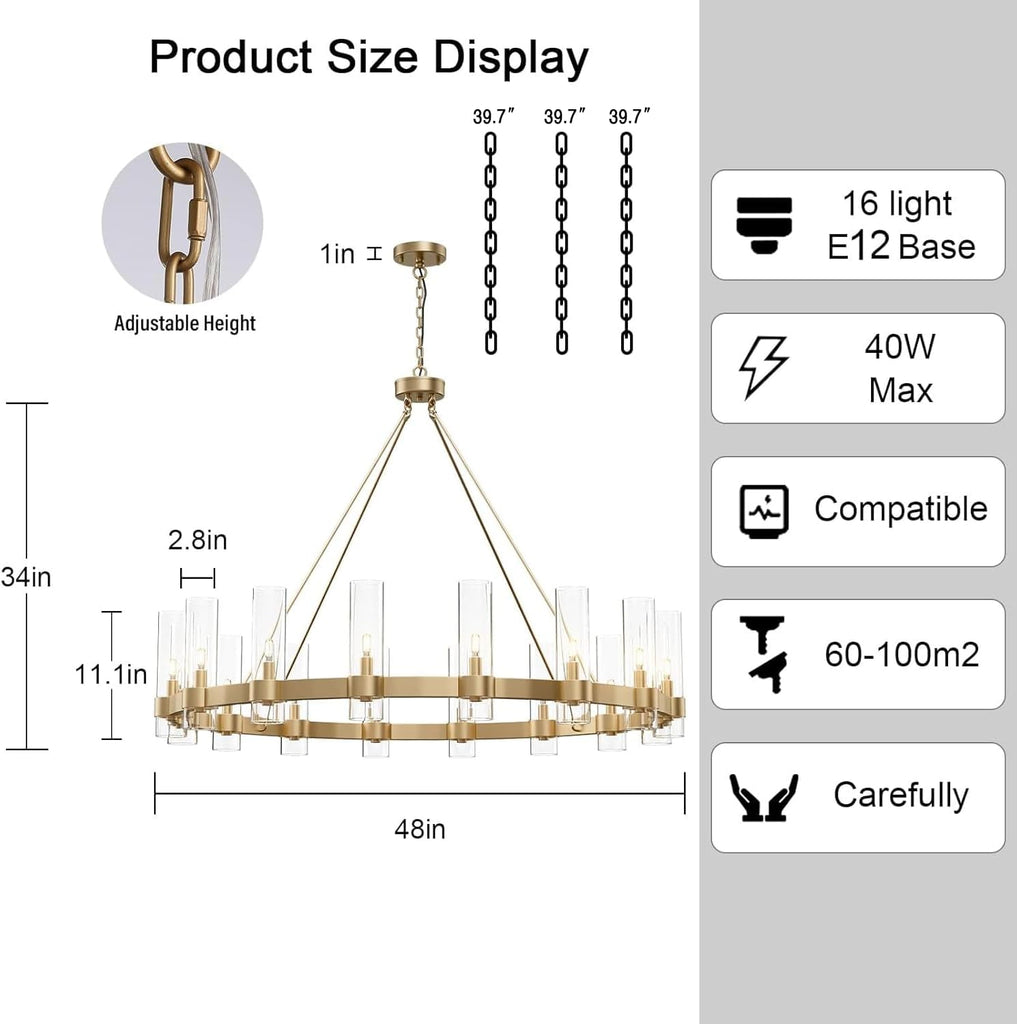 Inspired Ravelle Style 16-Lights Gold Chandelier,Wagon Wheel Chandelier with Glass Shade,48 Inch Large Round Industrial High Ceilings Pendant Lighting Fixture for Dining Room,Living Room, Kitchen Island, Foyer