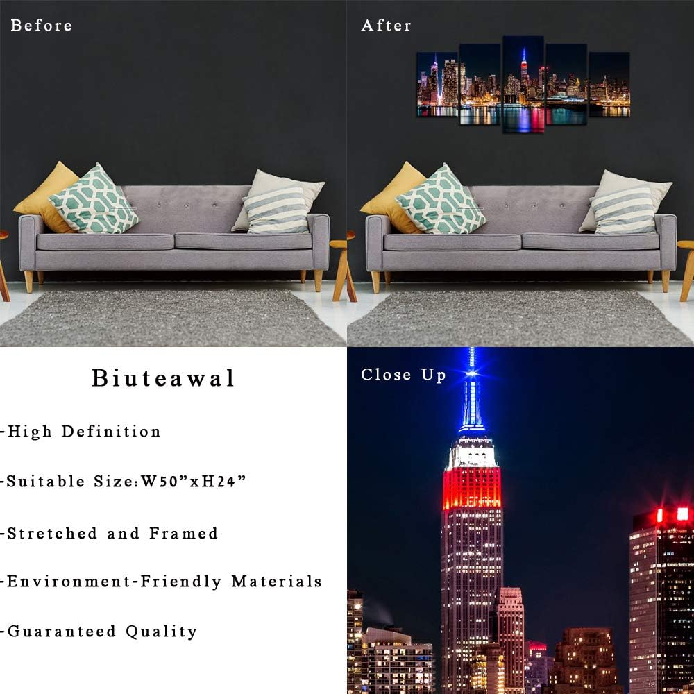 New York City Canvas Wall Art Manhattan Skyline at Night Picture Prints Modern Home Office Wall Decoration Stretched