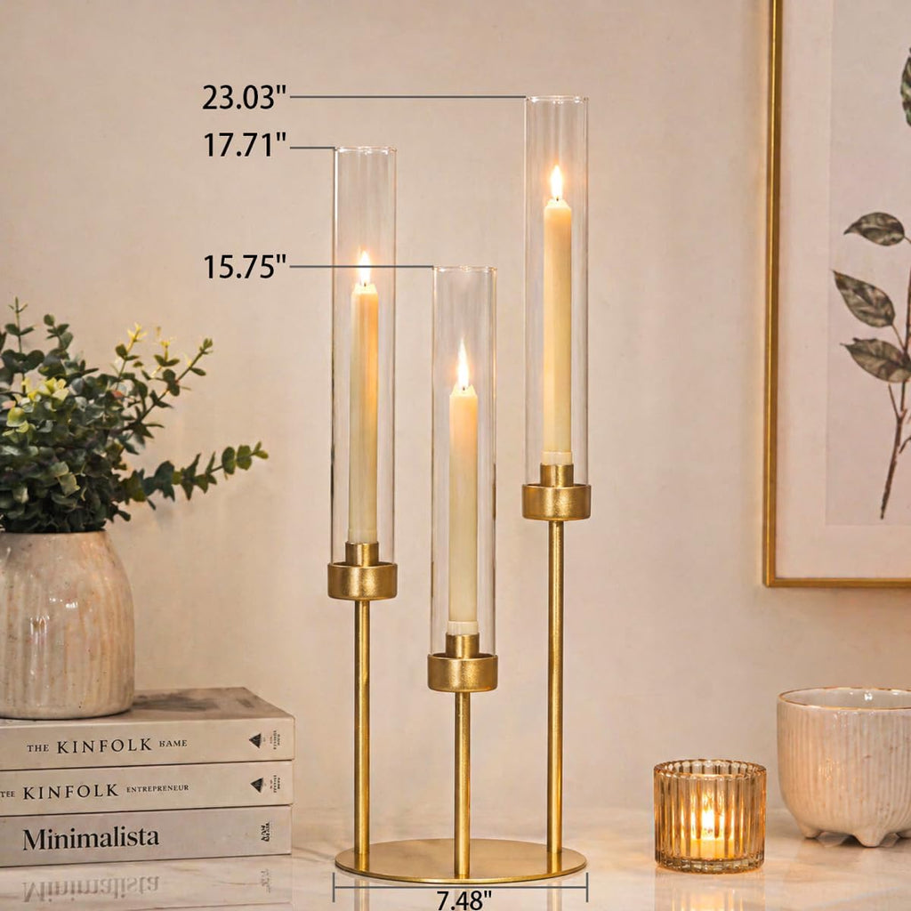 3-Arm Gold Candelabra, Tall Candle Stick Holder 23.03",Candelabras with Glass Lampshade & Heavy Base - Ideal