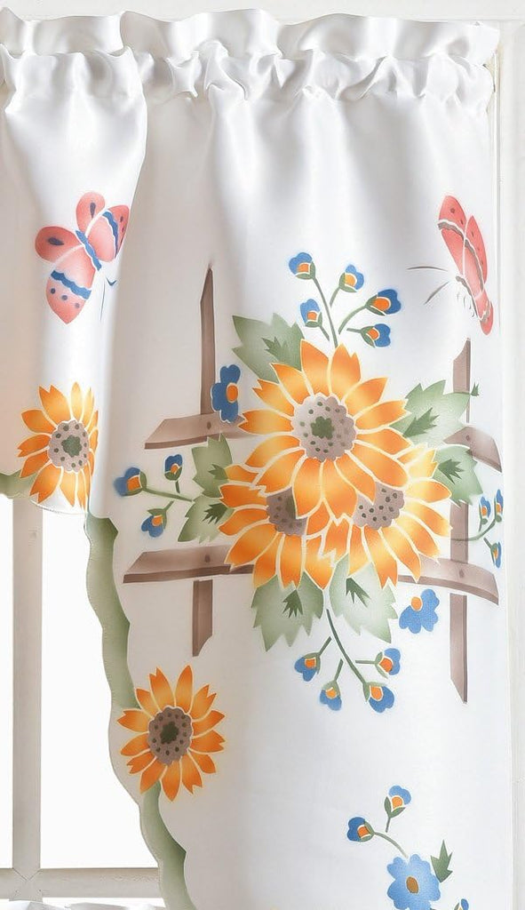 3pcs Farmhouse Kitchen Cafe Curtain Set Air Brushed by Hand of Sunflower and Butterfly Design on Thick Satin Fabric