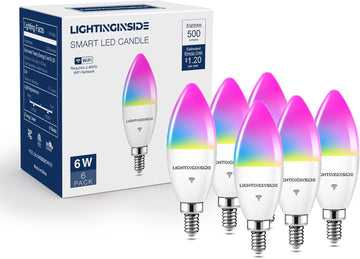 E12 Smart Light Bulbs 60W Equiv., Work with Alexa/Google Home/SmartLife, 500LM 6W RGBCW Candle Candelabra LED Bulbs (6PCS)