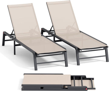 Aluminum Chaise Lounge Chair Outdoor, Foldable Patio Lounge Chair 2 Sets Assemble-Free, Pool Lounge Chairs with 5