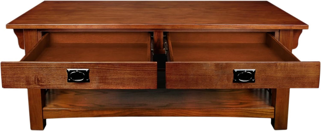 Mission Impeccable Coffee Table, Solid Wood with 2 Drawers & Shelf, Medium Oak Finish, Blackened Hardware