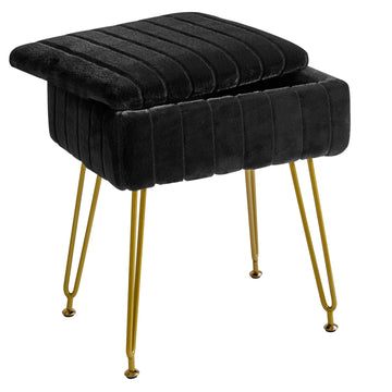 Vanity Stool Chair with Storage, Faux Fur Ottoman, Black