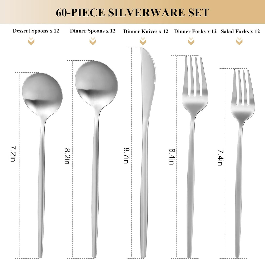 60-Piece Silverware Set for 12, Stainless Steel Flatware, Matte Cutlery Tableware