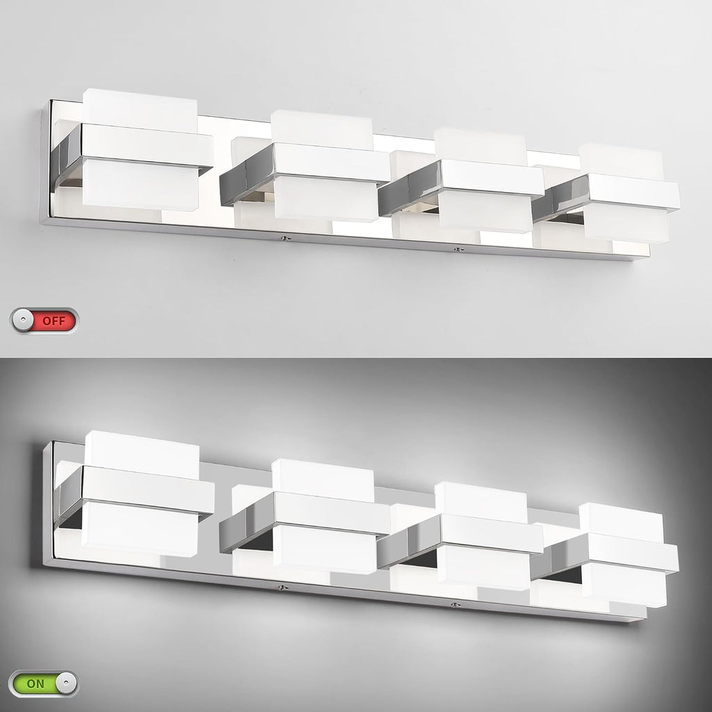 Modern Vanity Light Chrome, 32W Dimmable LED Bathroom Light Fixture Over Mirror, 2560LM Bright Minimalist Vanity