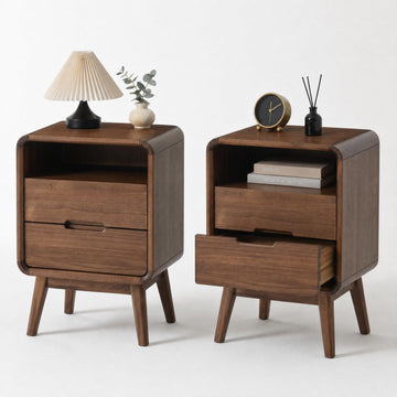 Walnut Nightstand Set of 2, Solid Wood Nightstand with Drawers & Open Storage Shelf, Mid Century Modern Nightstands