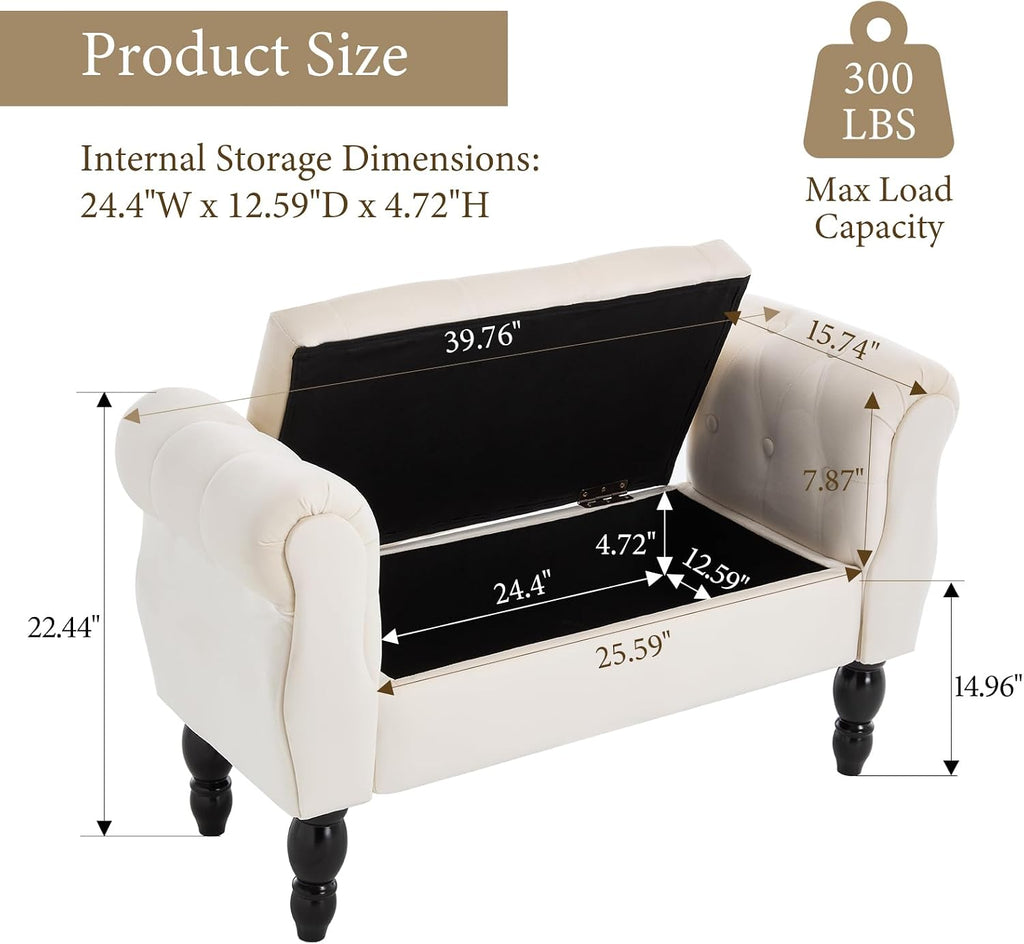 Storage Bench with Arms End of Bed Bench,Velvet Entryway Bench with Storage, Button Tufted Upholstered Ottoman Bench