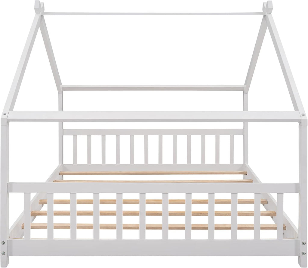 Full House Beds White Montessori Bed Wood Frame Kids Floor Bed with Headboard & Footboard for Children Boys Girls