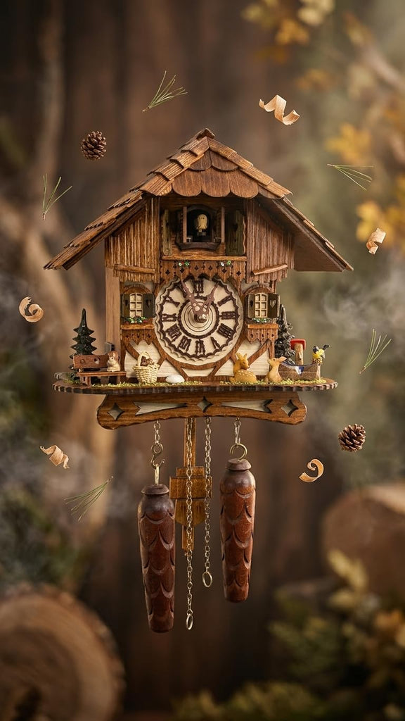 Cuckoo Palace German Cuckoo Clock – Black Forest Hillside Chalet with Animal Figures – Quartz Movement with Music – Night Silence Sensor...