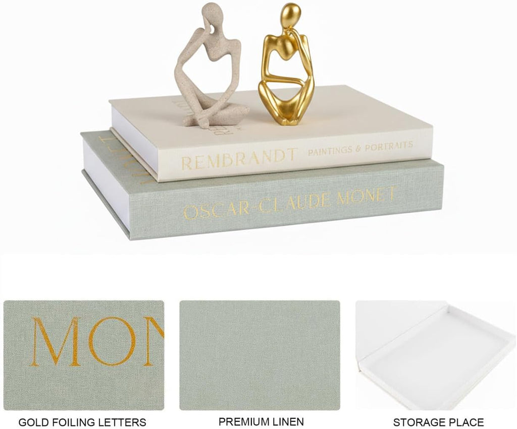 Decorative Books & Thinker Sculptures Set - Linen Boxes & Resin Figurines Enhance Your Coffee Table, Bookshelf or