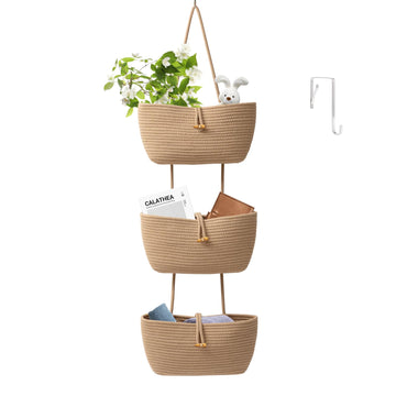 3-Tier Cotton Rope Baskets with Button Strap Over the Door Wall Hanging Baskets, Door Storage Organizer for