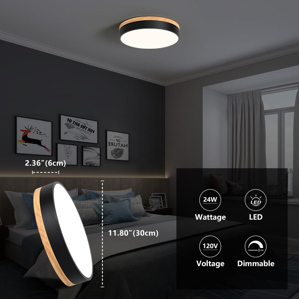 Dimmable Wood Flush Mount Ceiling Light Modern Black LED Ceiling Light Fixture 2700K-6000K Minimalist Round Close to