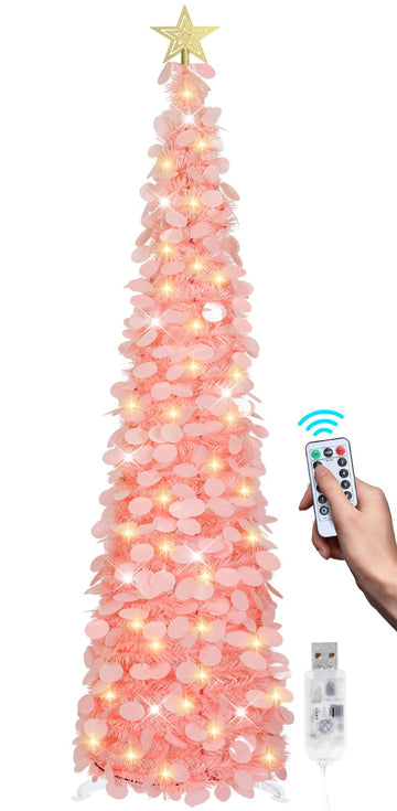6 FT Pop Up Christmas Tree with 100 LED Timer Lights & Remote, Pink Collapsible Christmas Tinsel Tree Artificial