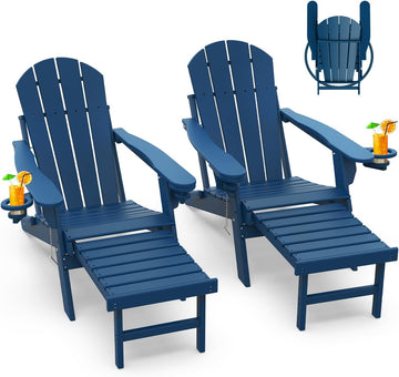Folding Adirondack-Chairs-with-Ottoman Set of 2, HDPE, Blue | Retractable Foot Rest | Hidden Cup Holders | 5" Wide