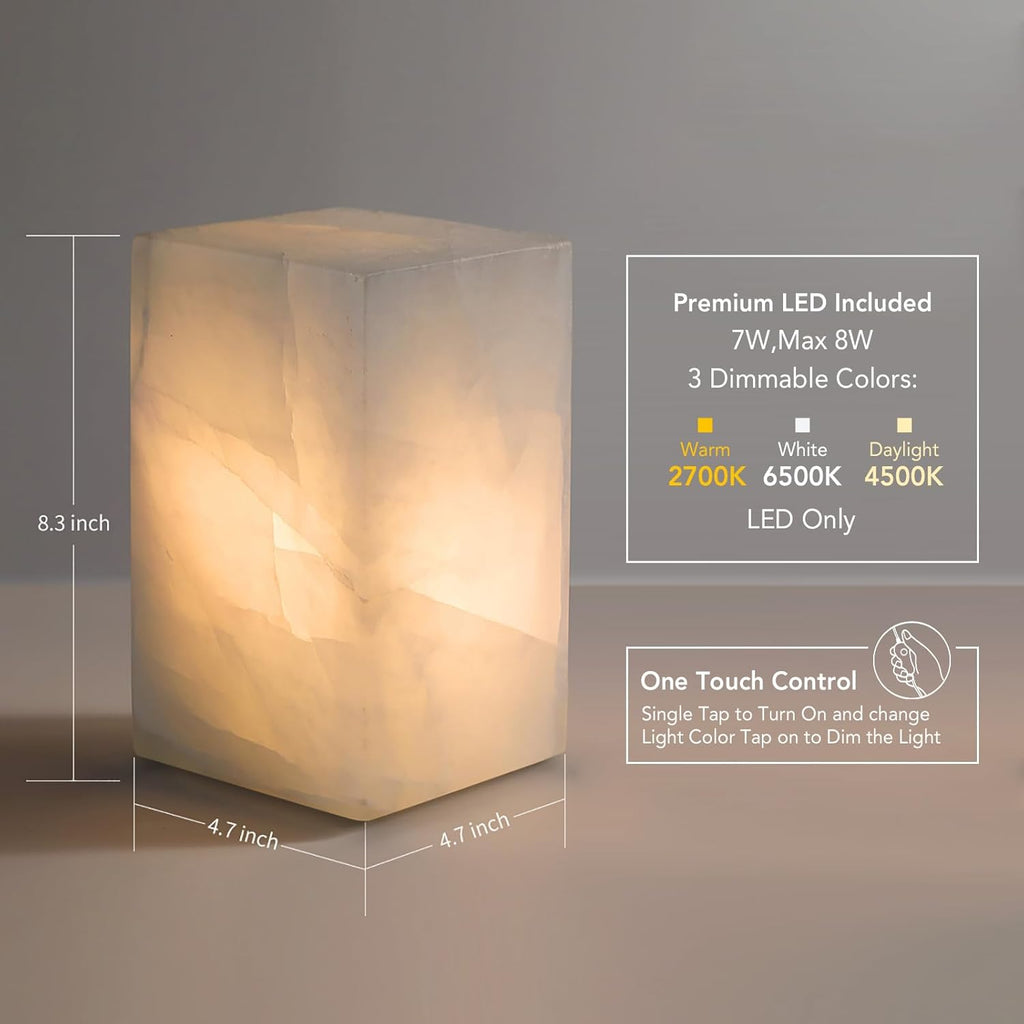 Natural Calcite Stone Table Lamp, Handcrafted Solid Stone Lamp with Unique Crystal Texture, Dimmable 3-Color LED