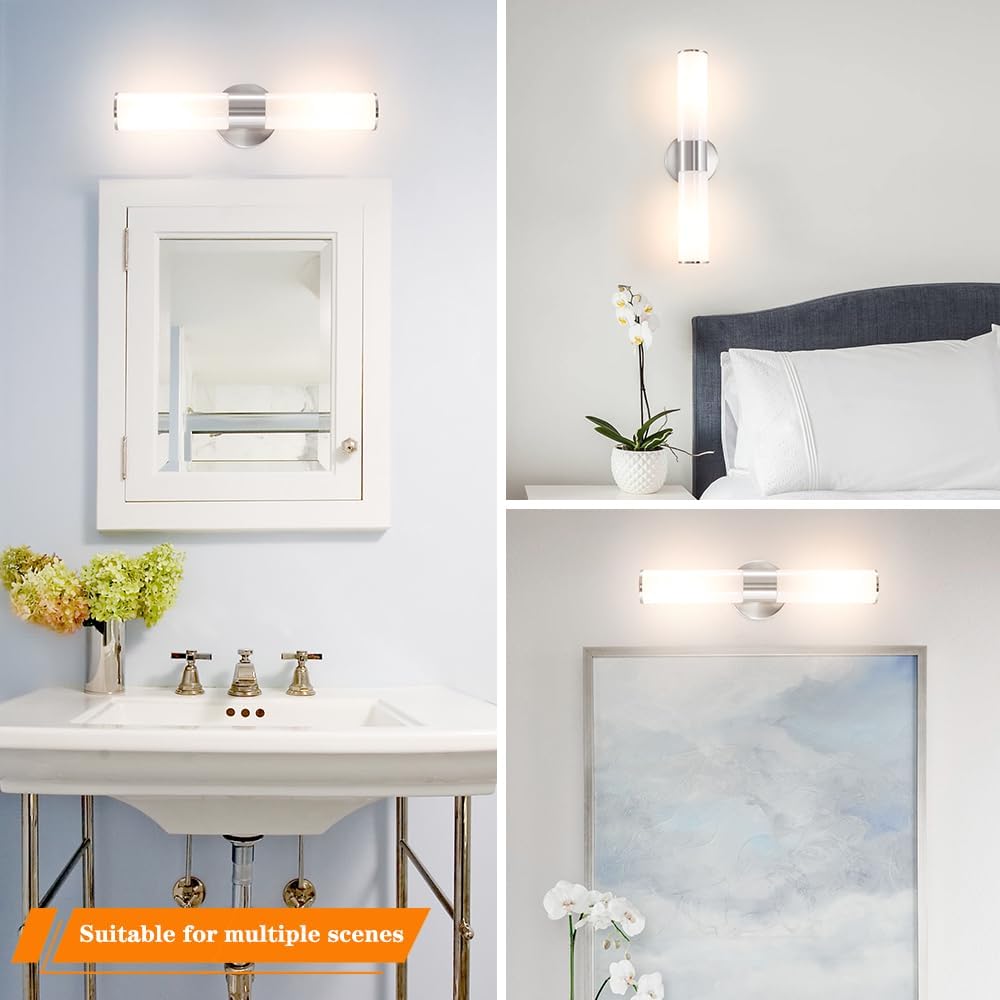 Brushed Nickel Wall Sconces Set of 2 (Hardwired Only), Bathroom Vanity Light Fixtures, Modern Cylinder Glass Wall