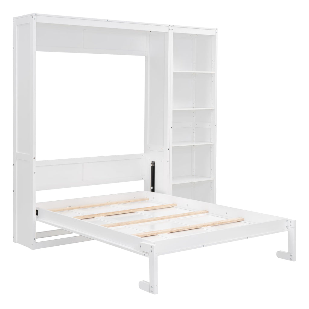 Space-Saving White Murphy Bed Full Size with Adjustable Storage Shelves, Multifunctional Foldable Wall Bed for Small