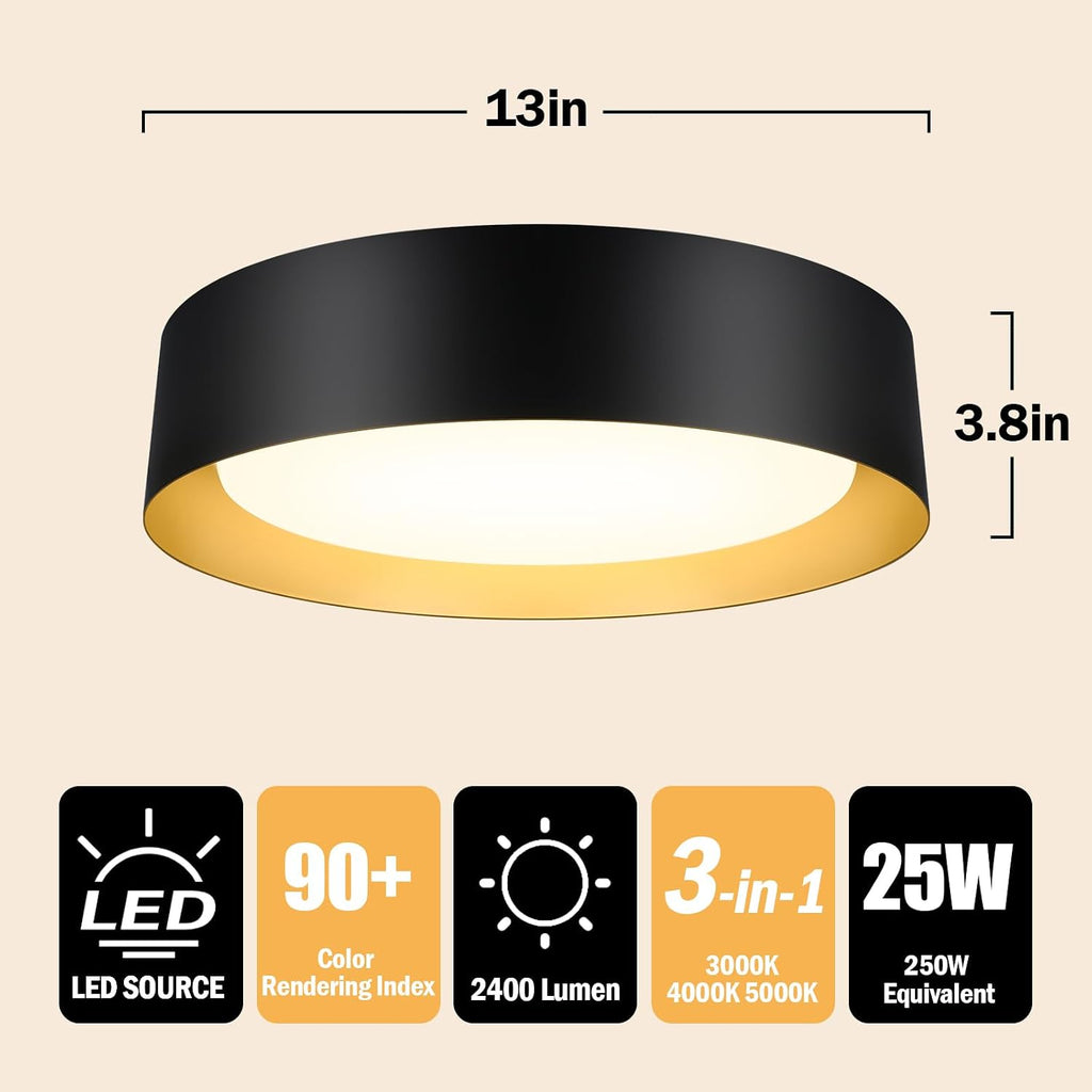 Flush Mount Ceiling Light, 13in Modern Ceiling Light 3/4/5000K | 25W Bathroom Ceiling Light Fixture, Dimmable LED