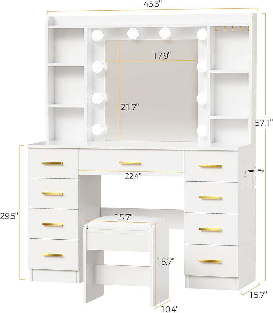 9-Drawer Makeup Vanity Desk with Lighted Mirror Hair Dryer Holder | White Vanity Dressing Table with Cushioned Stool