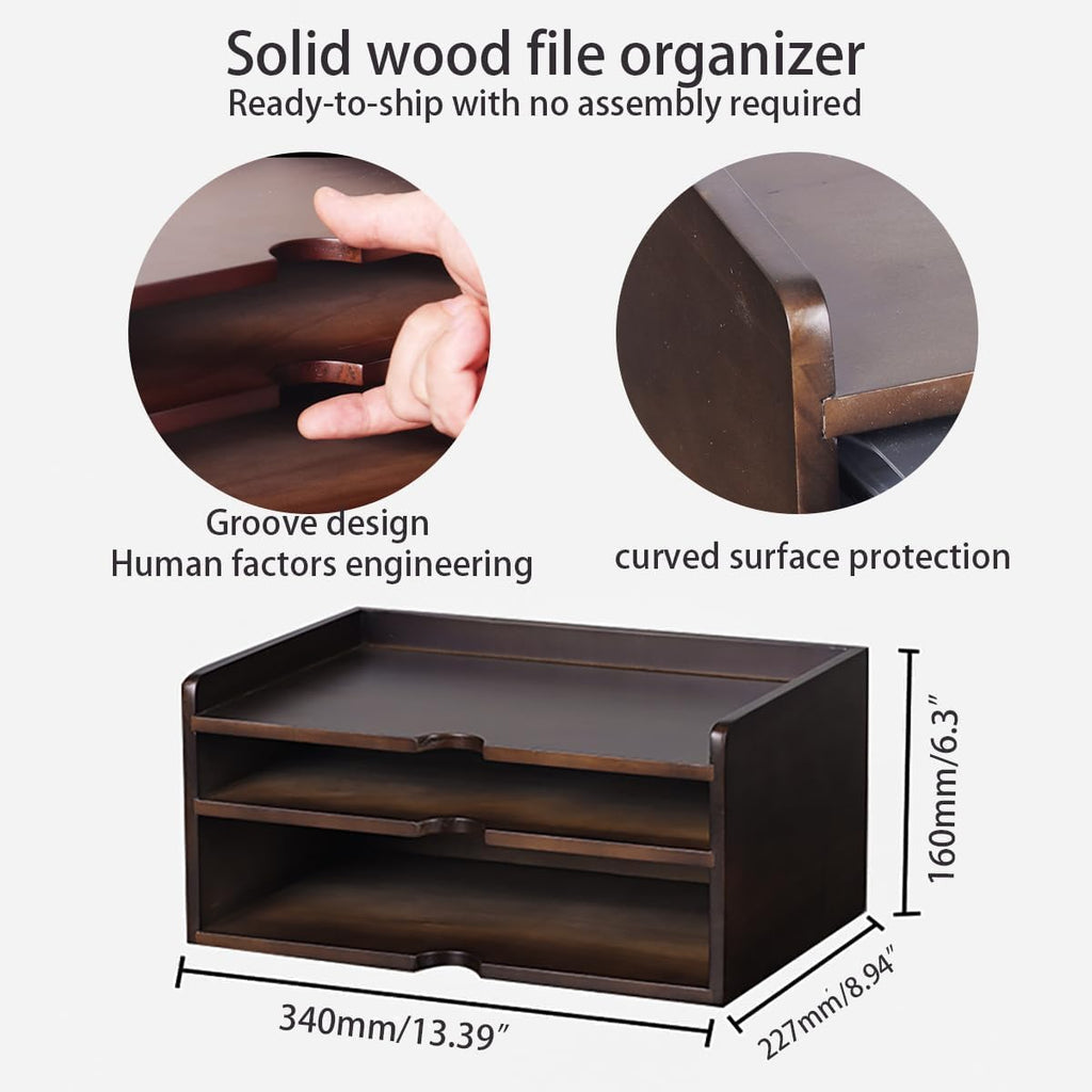 Wooden Desk Organizer with File Sorter, Stackable Paper Tray & Mail Holder | Solid Wood, No Assembly | 2-in-1 Tray &