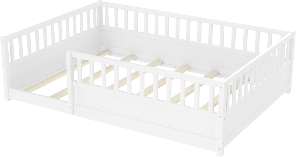 Full Size Floor Bed with high Fence, Solid Pine Wood Montessori Bed for Kids Girls Boys Floor Bed Frame, White with