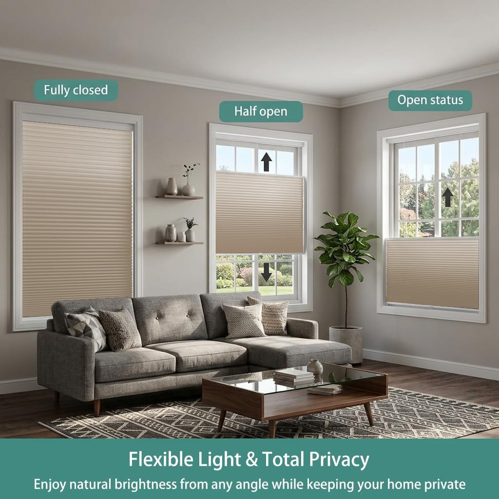 Blackout Top Down Bottom Up Cellular Shades, Cordless Honeycomb Blinds, Total Privacy, Beige