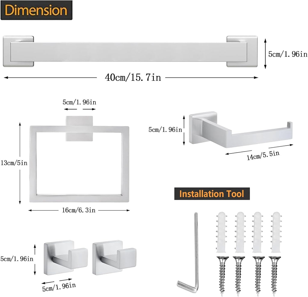 5 Piece Towel Bar Set - 15.7 Inch Bath Towel Holder - Brushed Nickel | Stainless Steel Towel Racks Wall Mounted