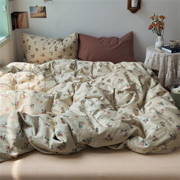 Brown Duvet Cover 100% Cotton Vintage Tan Floral Bedding Set